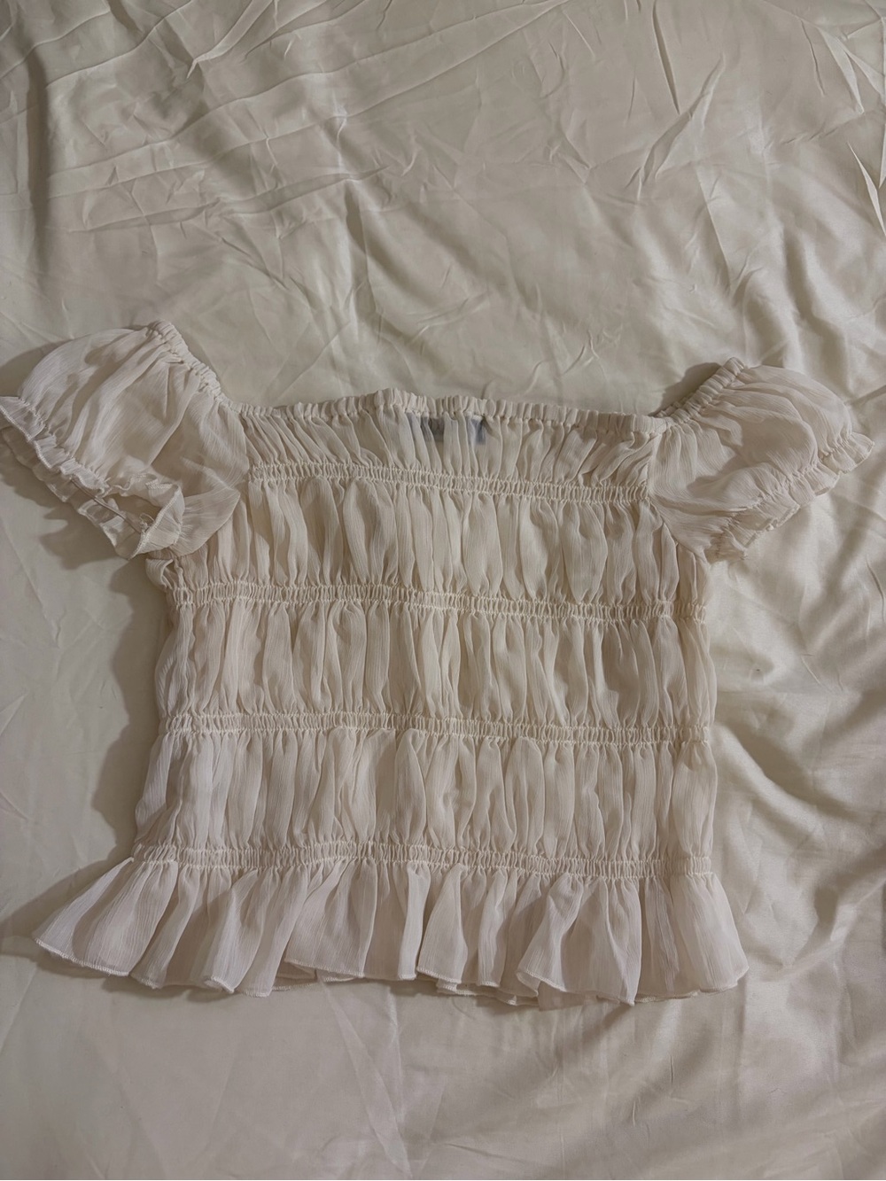 AKIRA Ivory Ruched Puff Sleeve Ruffle Top - Picture 3 of 3